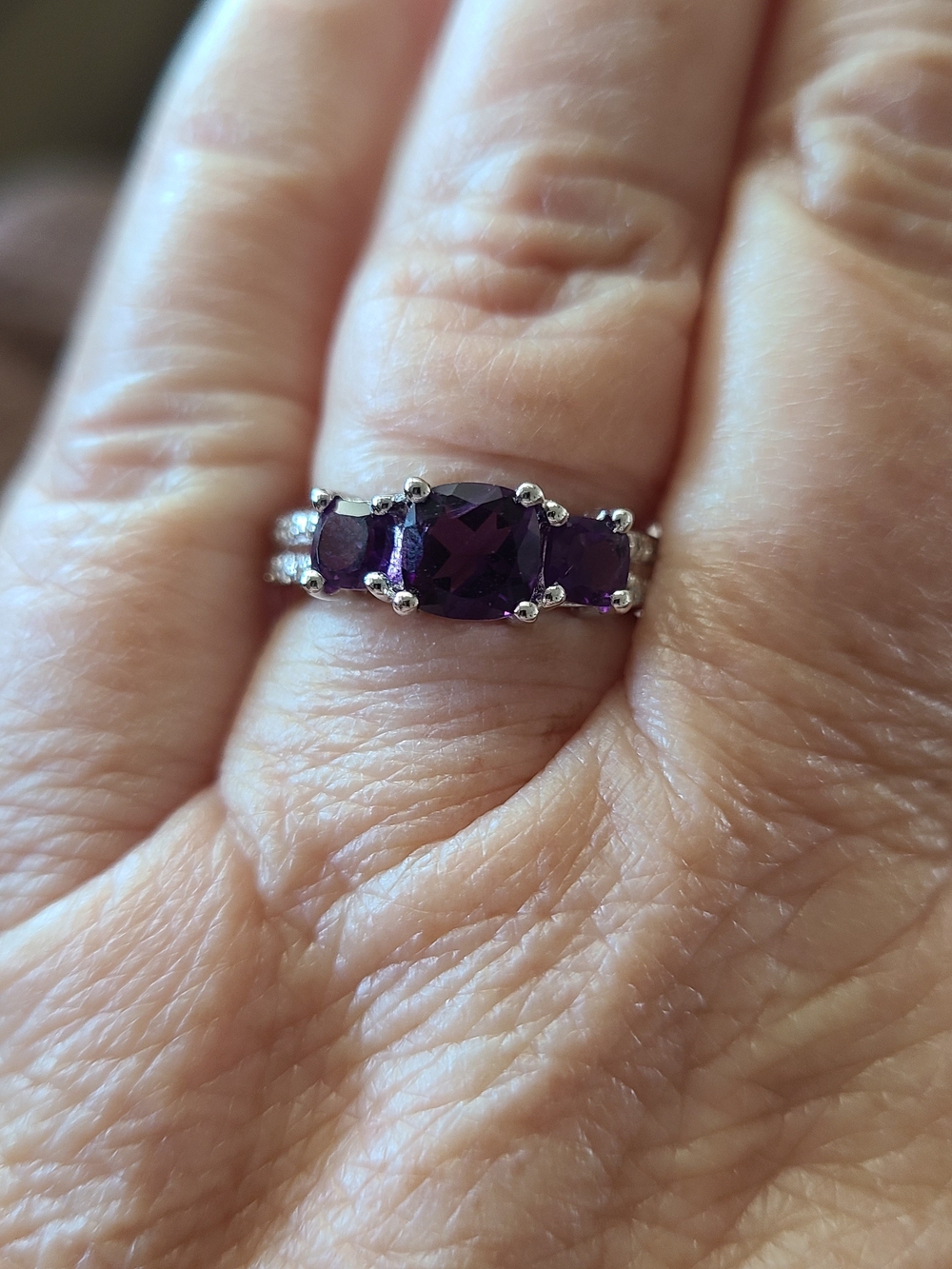 Sterling Silver Three-Stone Amethyst Ring - Purple